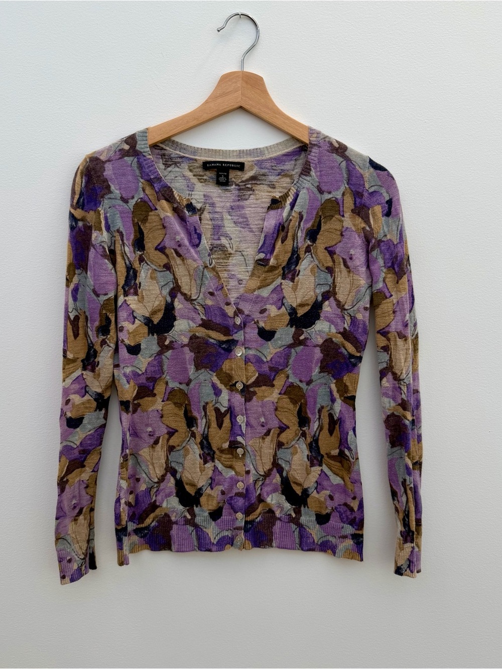 Banana Republic Purple Tan Floral-Print Button Cardigan